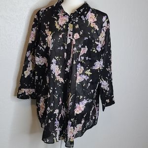 NWT LAUREN Ralph Lauren 3X floral button shirt blk